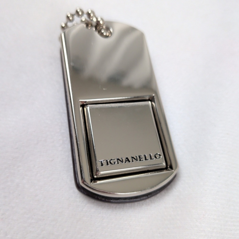 Tignanello Silver Tone Metal and Brown Leather Dog Tag Purse Charm Keychain